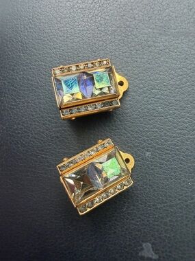 Vintage 1940 Gold-Tone Iridescent Crystal Clip-On Earrings - Women Jewelry
